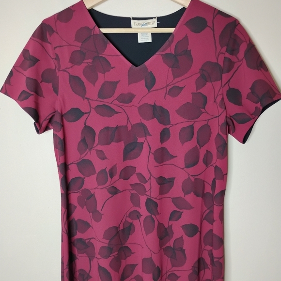 90s Travelsmith Maxi Dress Burgundy Leaf Print Fall Cottagecore Preppy Sz M - Picture 4 of 8
